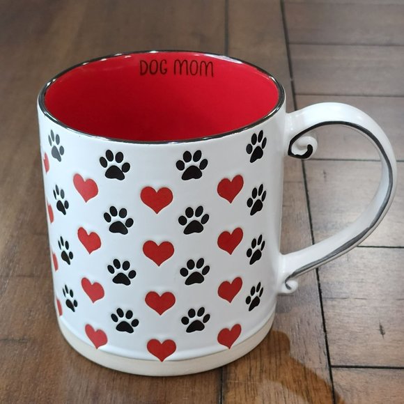 Set Of 2 DOG MOM  Red Hearts And Black Dog Paw‎ Prints Engraved Coffee Mug - Picture 8 of 16